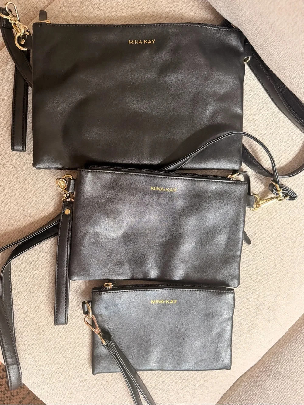 Mina Kay Black Leather Backpack with Matching crossbody and Pouche